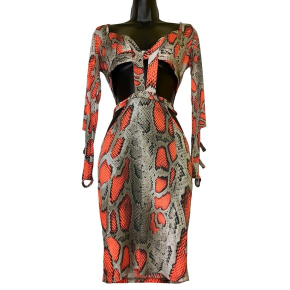 Snakeskin Print Bodycon Dress Neon Orange Sexy Stretch Club Large Fashion Nova - Picture 3 of 7